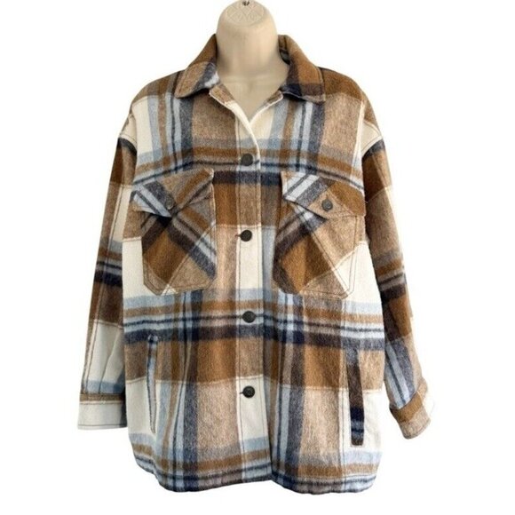 Zara Woman's Sz XS Blue Brown Plaid Wool Blend Italian Fabric Jacket Shacket - Picture 2 of 11